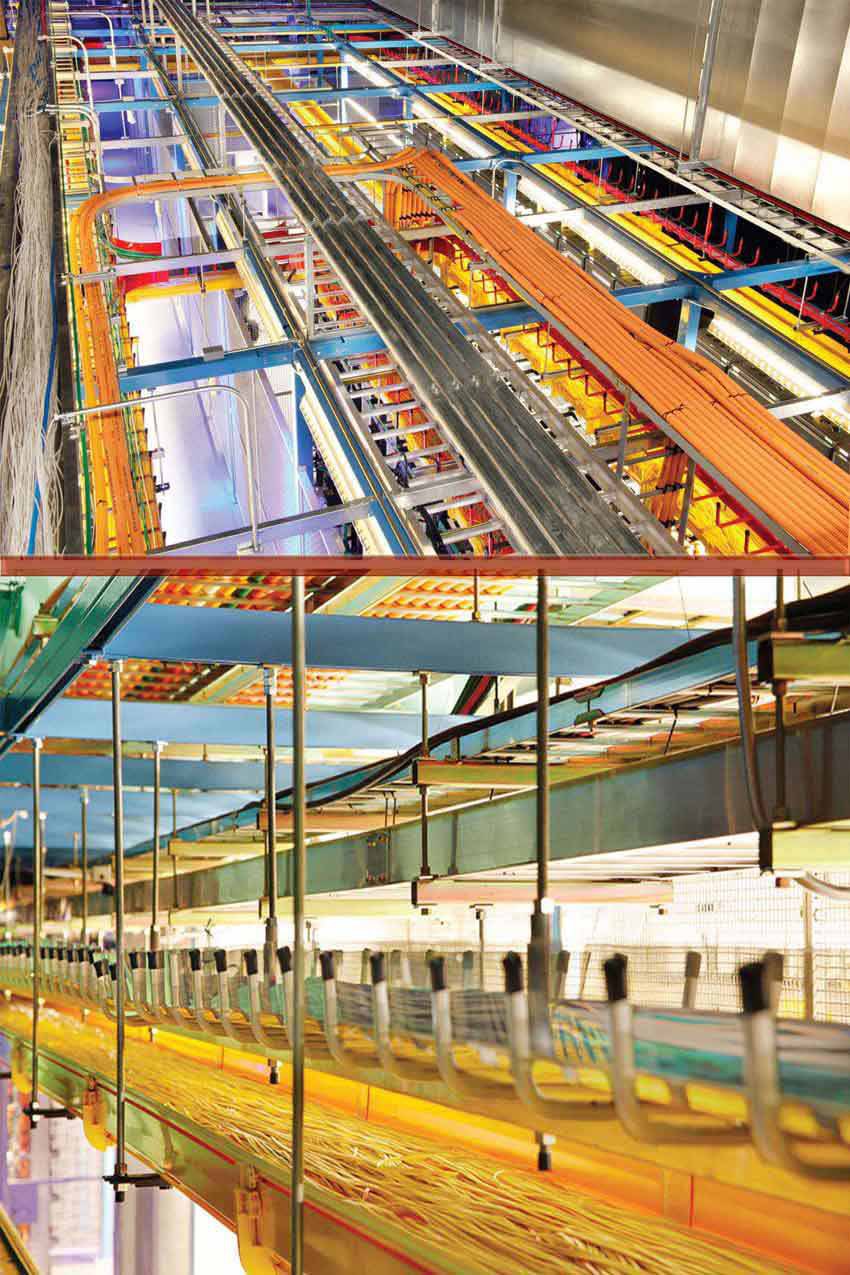 Overhead wiring trays in a colocation center